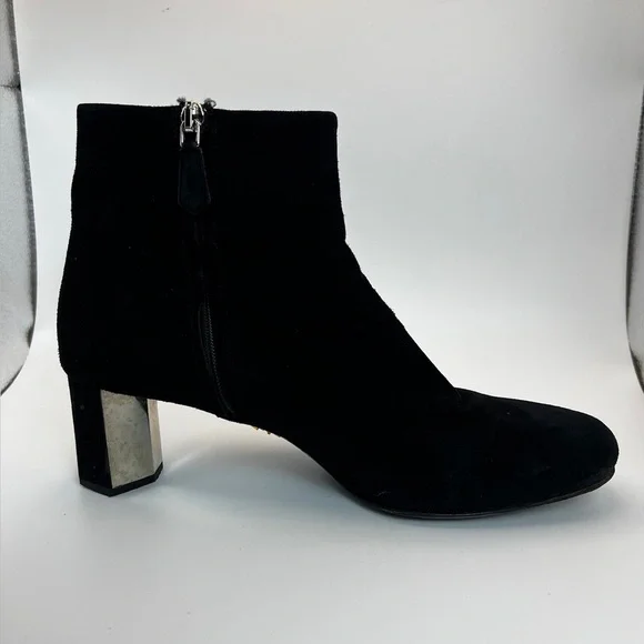 Prada Black Suede Block Heeled Booties with mirror detail on heel 37.5